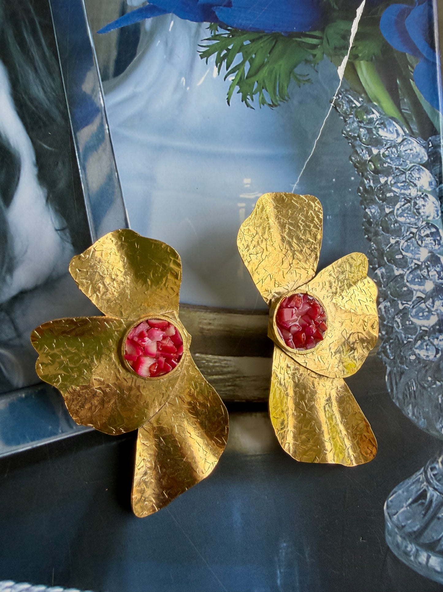 Oversized Hammered Gold Flower Earrings with Red Coral Stone Center