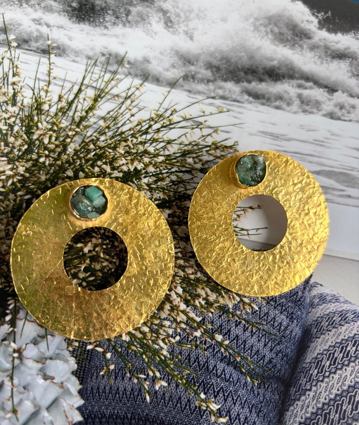 Gold Plated Cutout Disc Statement Earrings with Raw Emeralds