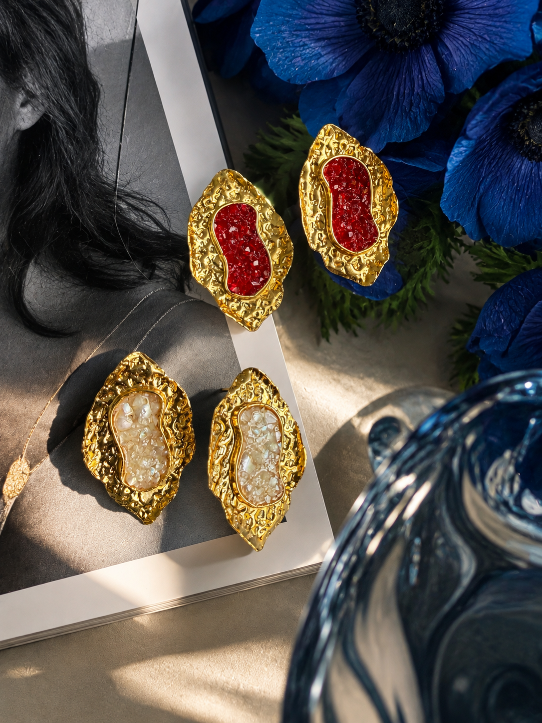Vintage Textured Gold and Red Druzy Statement Stud Earrings