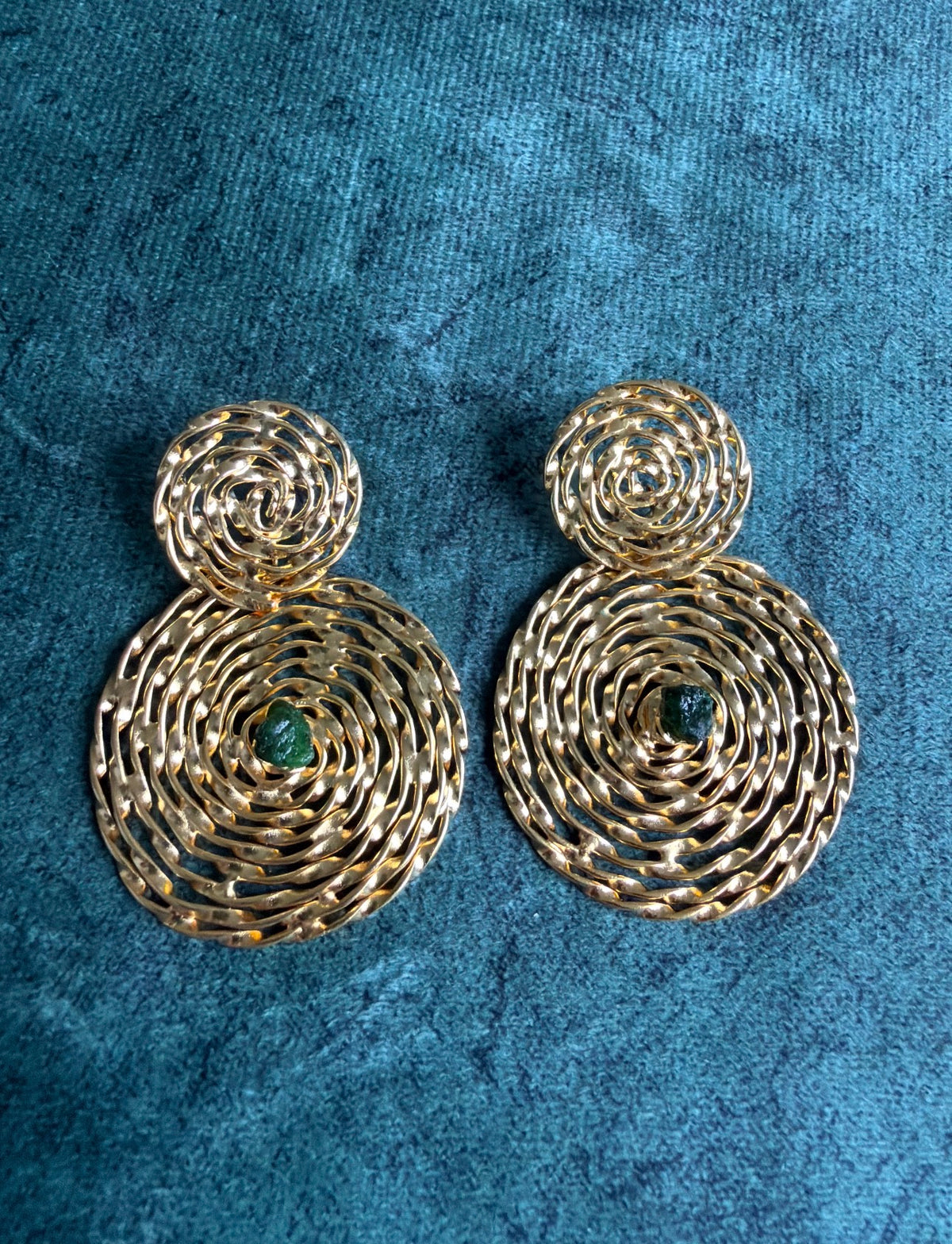 Gold Plated Swirled Stone Drop Earrings with Raw Emerald