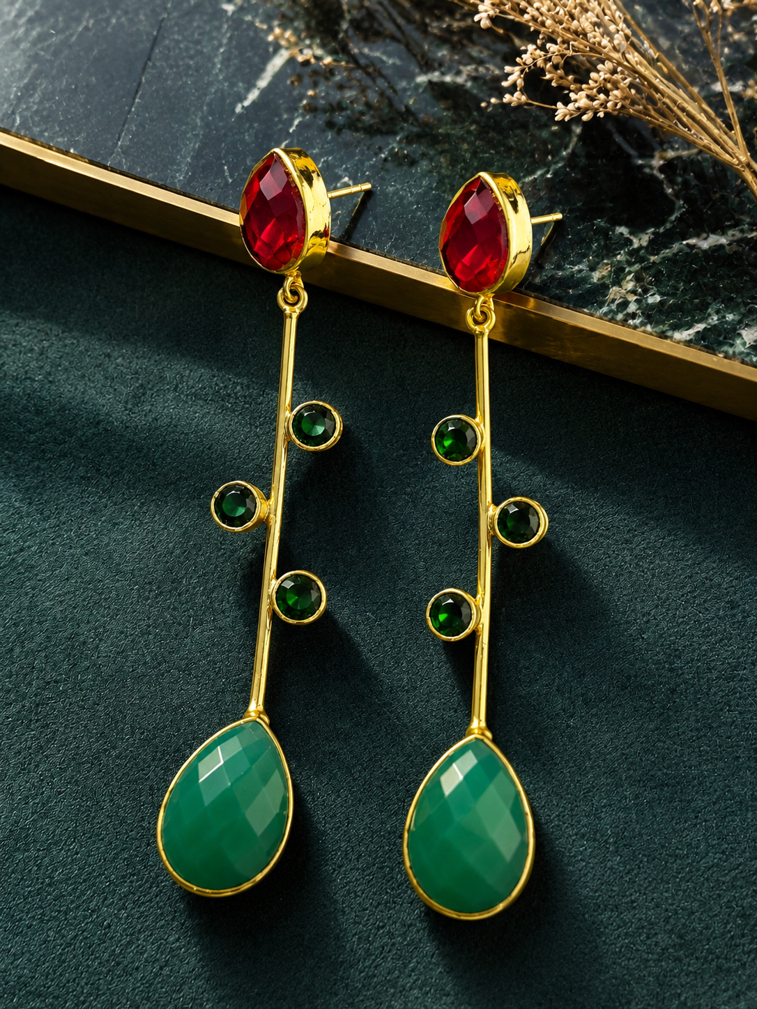 Gold Long Vine Dangle Earrings with Red Ruby and Green Agate Teardrops