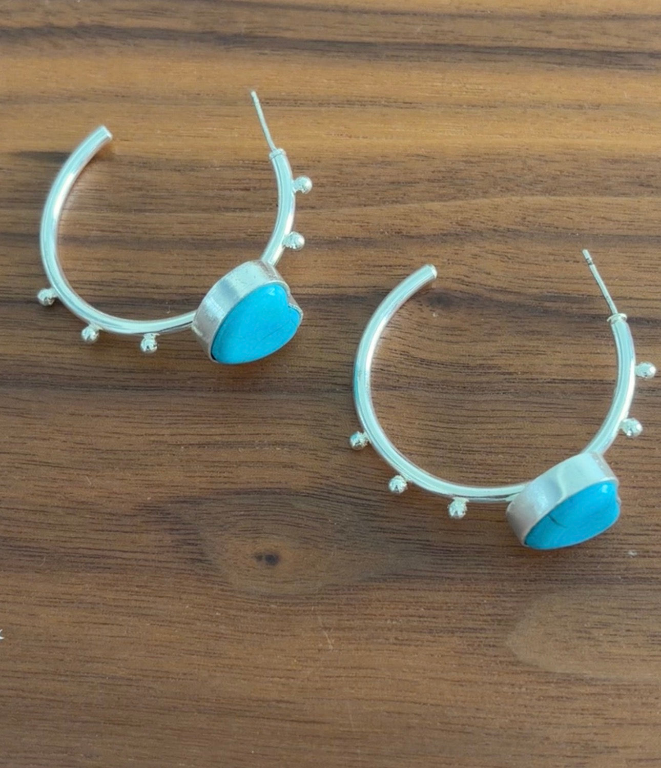 Hoop Silver Earrings with Heart Shaped Turquoise