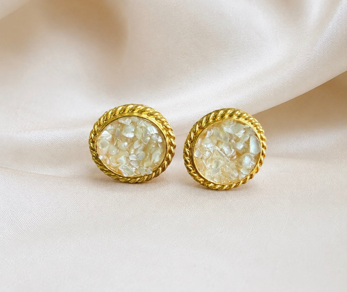 Gold Plated Oval Rope Border Stud Earrings with Crushed Stone
