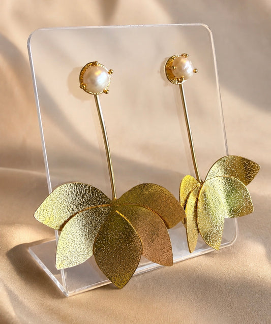 Gold-Plated Blossom Drop Earrings with Freshwater Pearl Studs