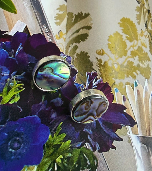 Silver Round Stud Earrings with Abalone Center