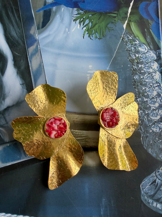 Oversized Hammered Gold Flower Earrings with Red Coral Stone Center