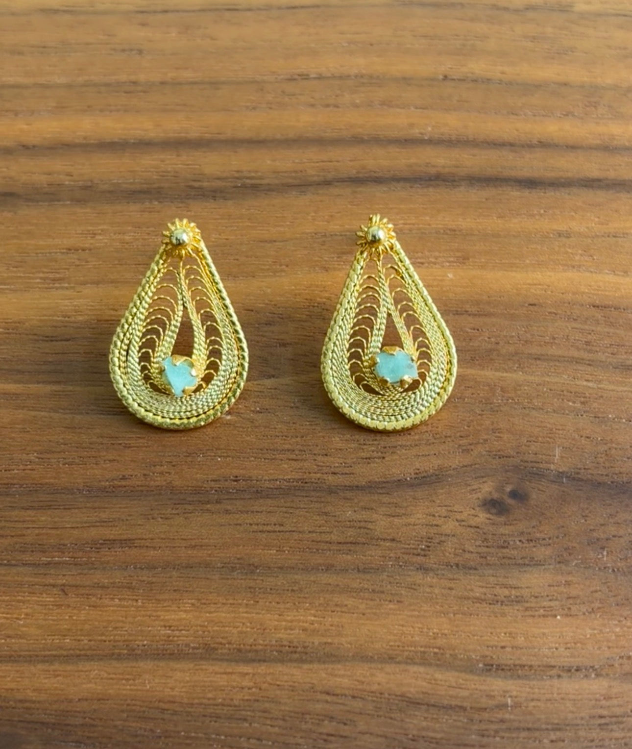 Teardrop Filigree Earring with Raw Emerald