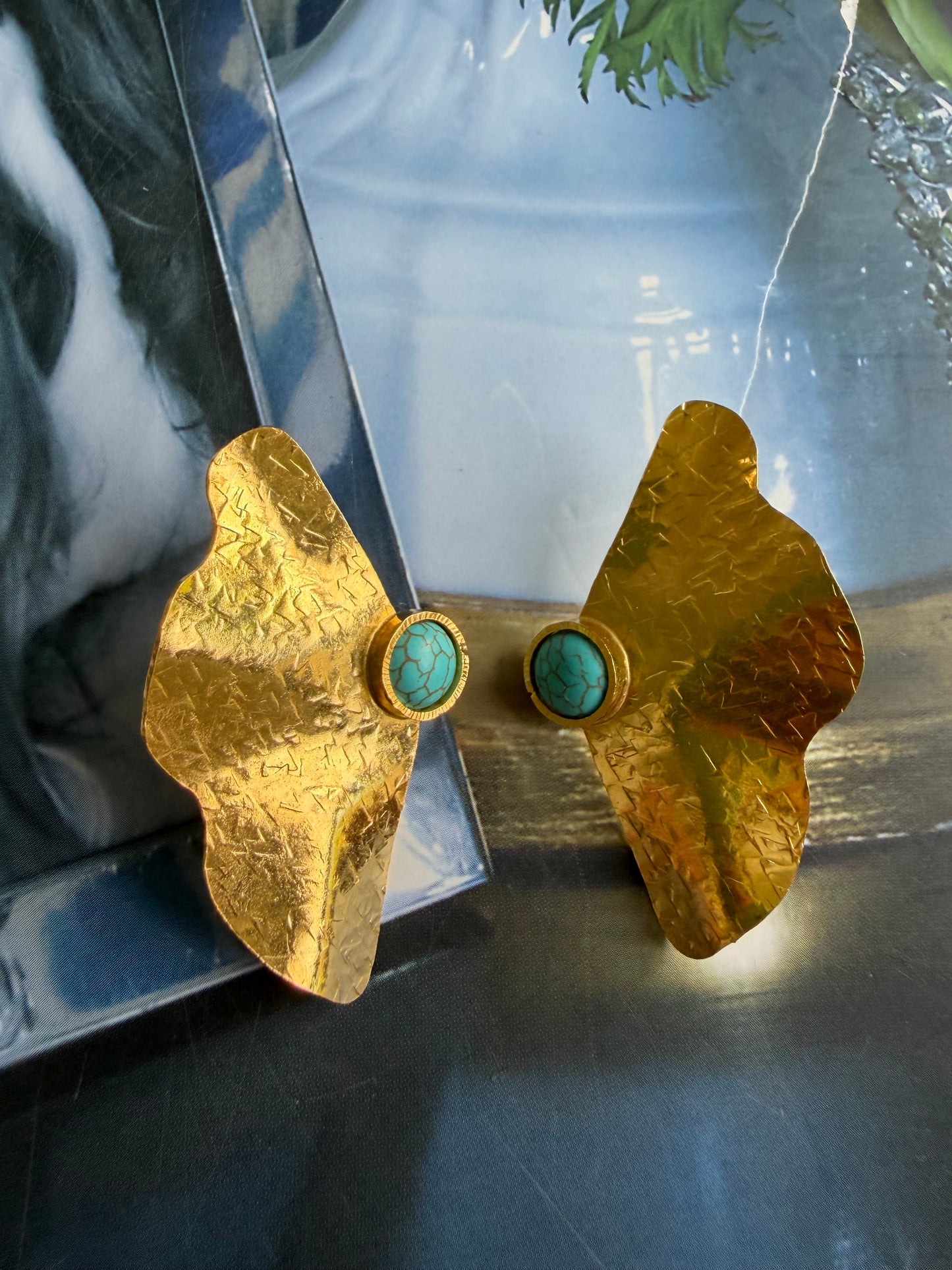 Hammered Gold Ginkgo Leaf Earrings with Turquoise Center