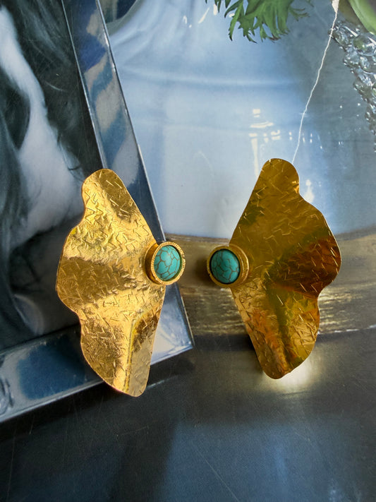 Hammered Gold Ginkgo Leaf Earrings with Turquoise Center