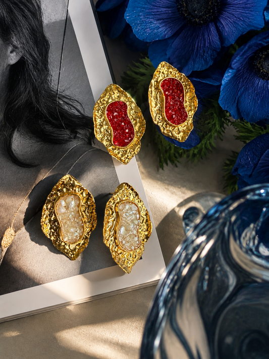 Vintage Textured Gold and Red Druzy Statement Stud Earrings