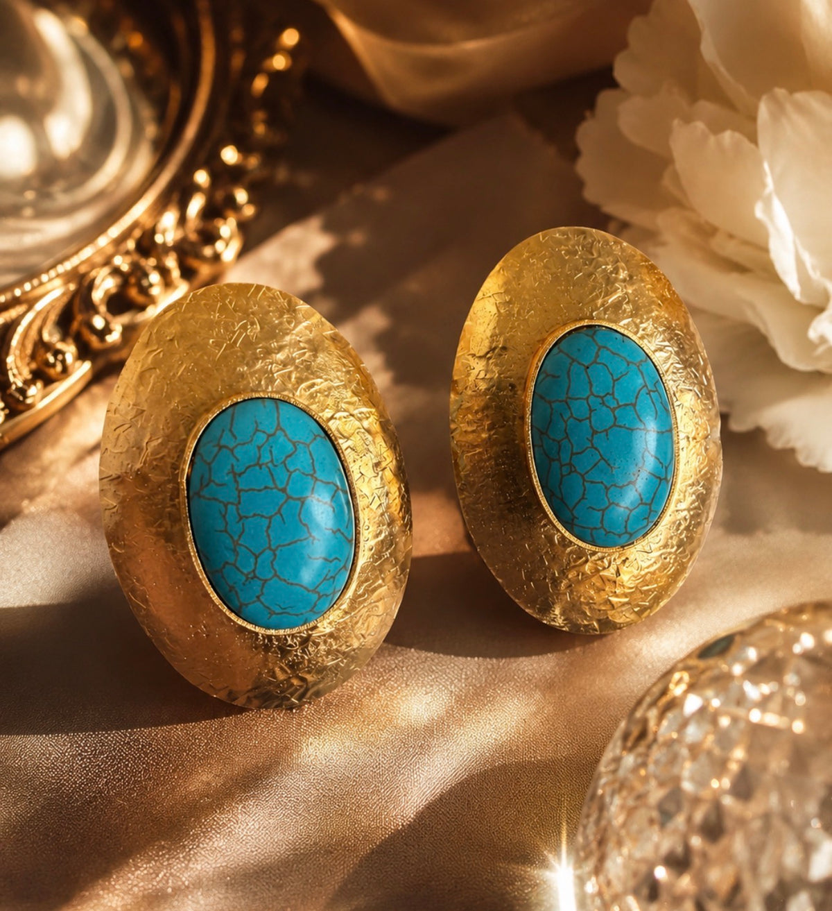 Hammered Gold Oval Statement Earrings with Turquoise Center