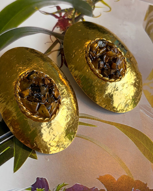 Hammered Gold Oval Statement Earrings with Crushed Tiger's Eye Style Inlay