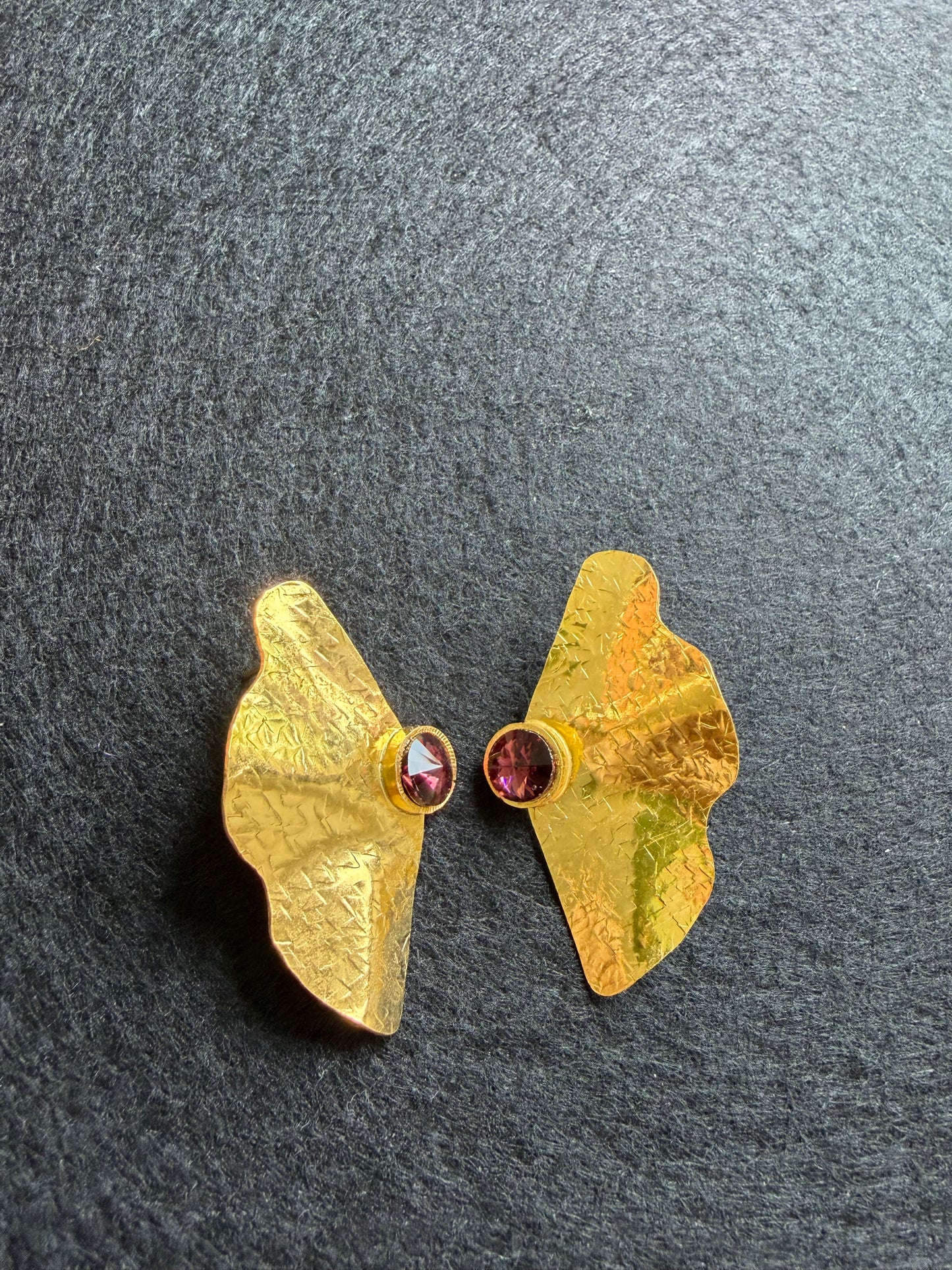 Abstract Textured Gold Wing Statement Earrings with Purple Crystal Center