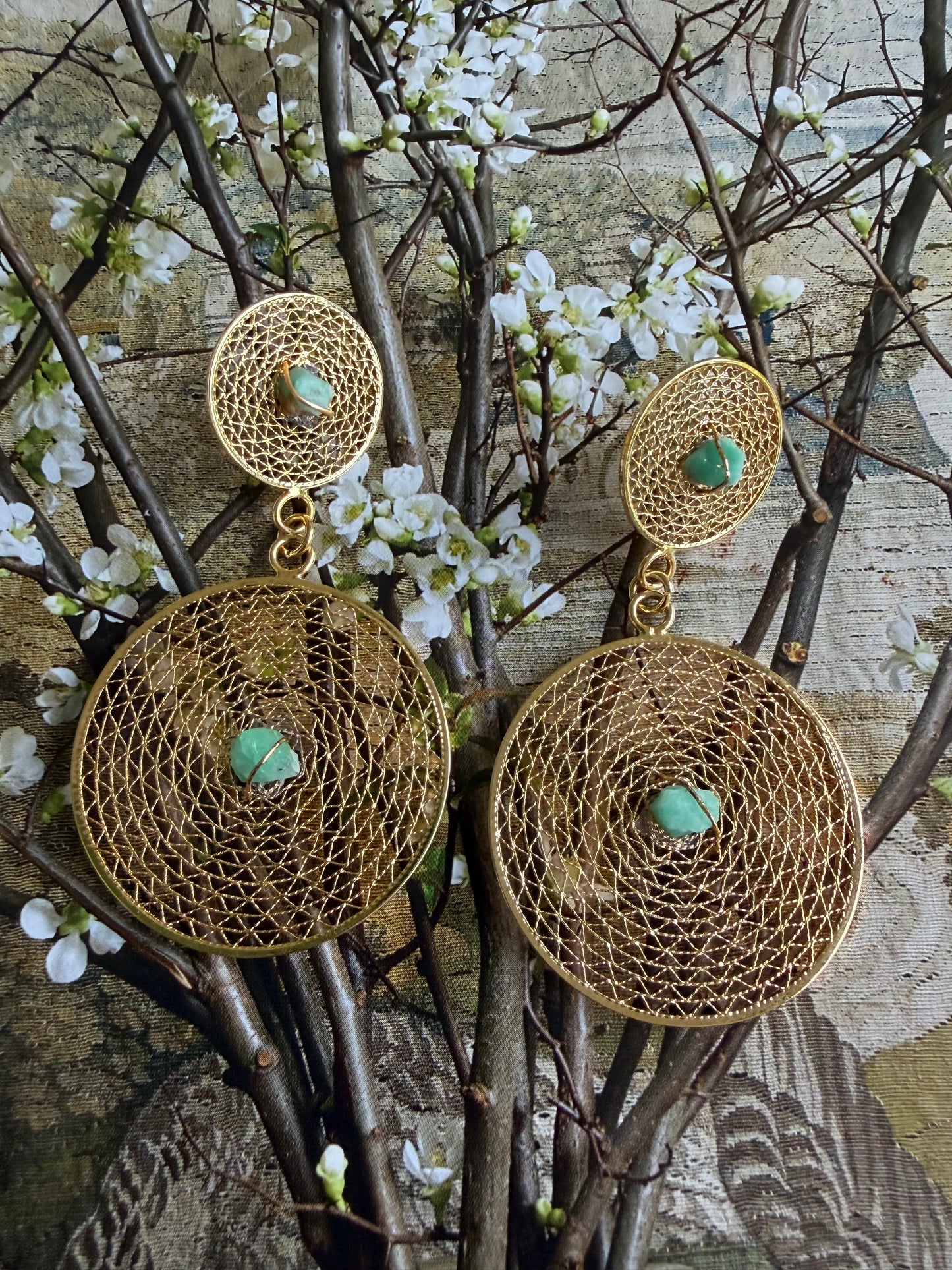 Gold Filigree Drop Statement Earrings with Raw Emerald Accents