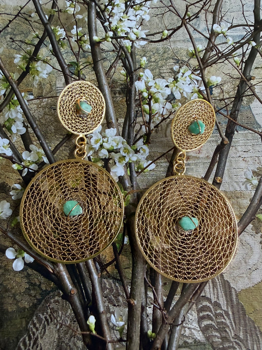 Gold Filigree Drop Statement Earrings with Raw Emerald Accents