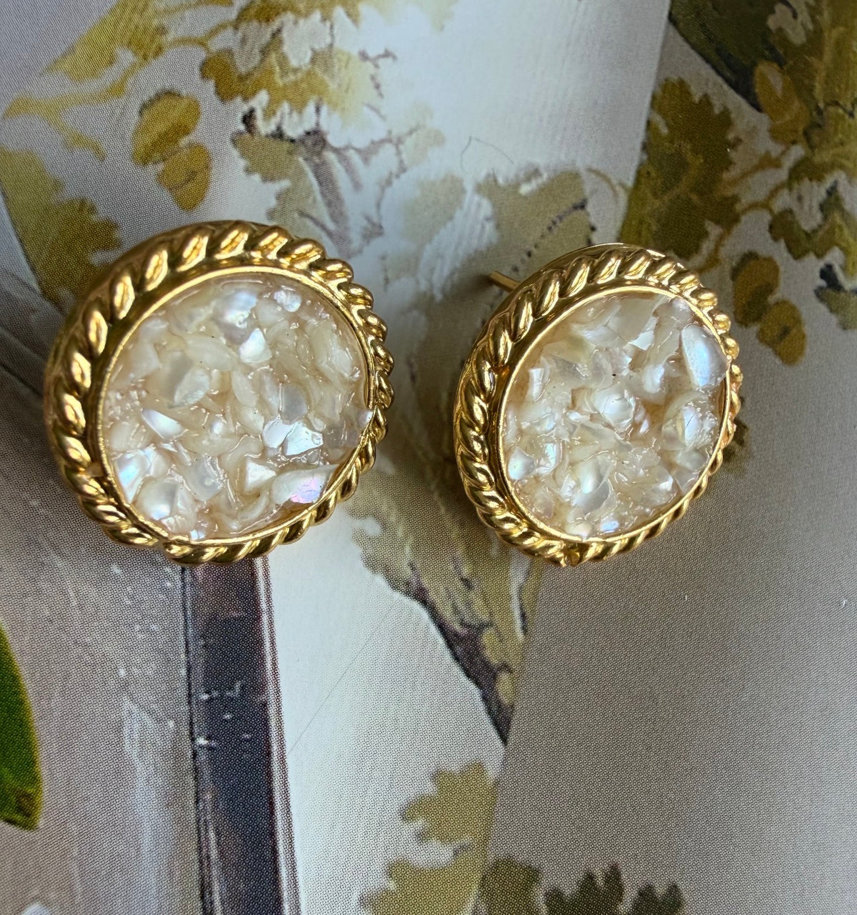 Gold Plated Oval Rope Border Stud Earrings with Crushed Stone