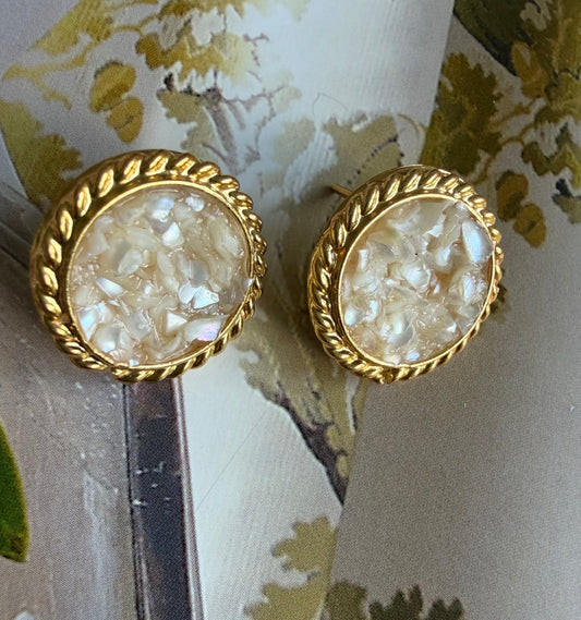 Gold Plated Oval Rope Border Stud Earrings with Crushed Stone