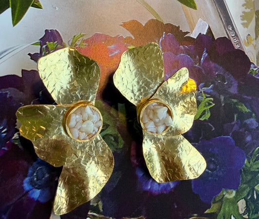 Hammered Gold Abstract Floral Statement Earrings with Crushed Stone