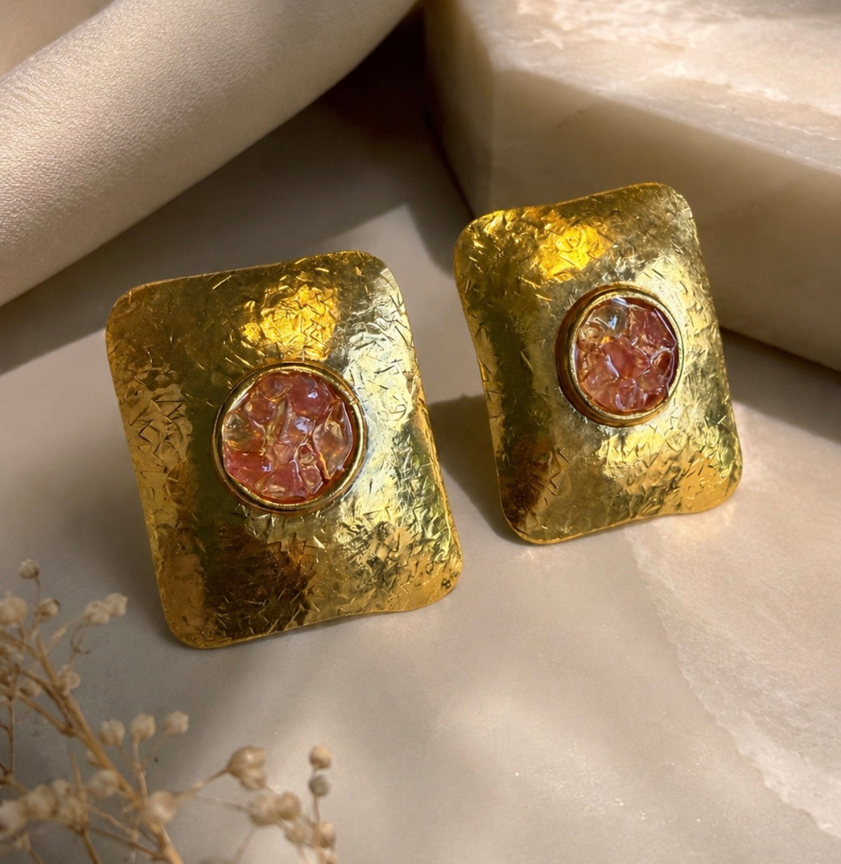 Textured Square Stud Earrings with Pink Center