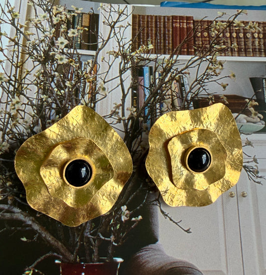 Hammered Gold Flower Statement Earrings with Polished Black Onyx Center