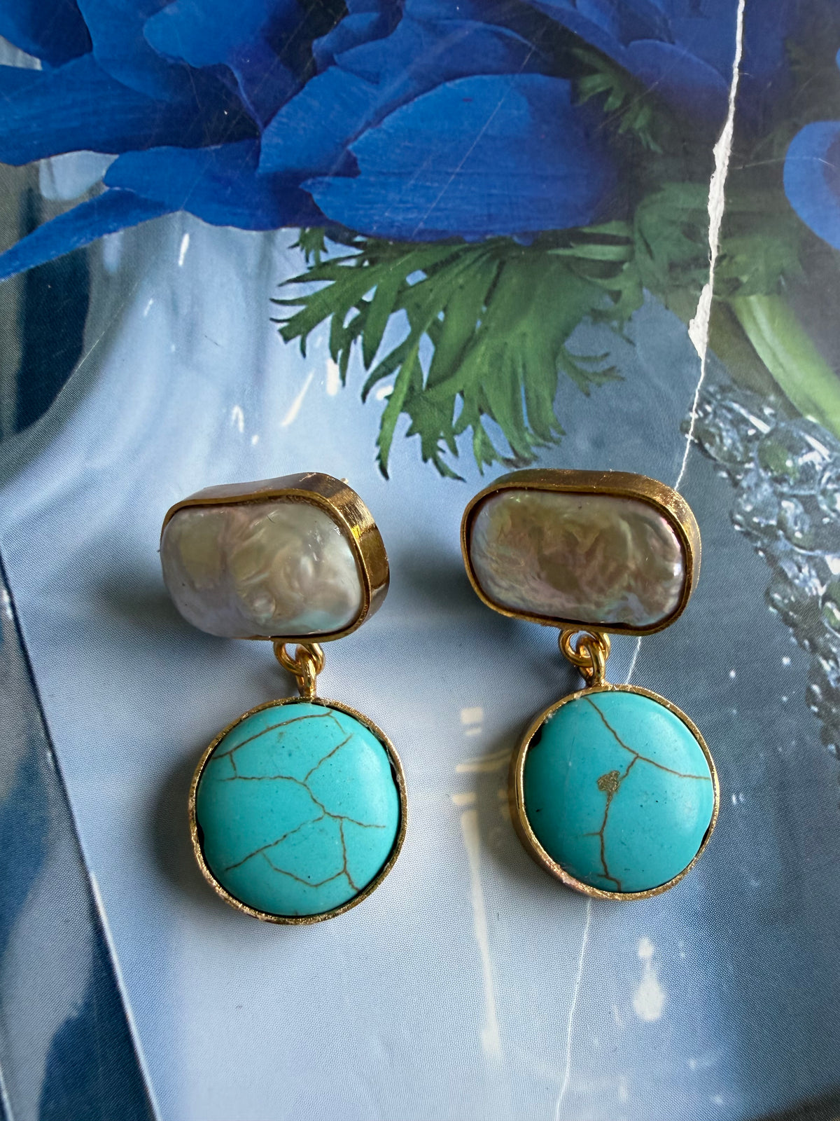 Drop Pearl and Turquoise Earring
