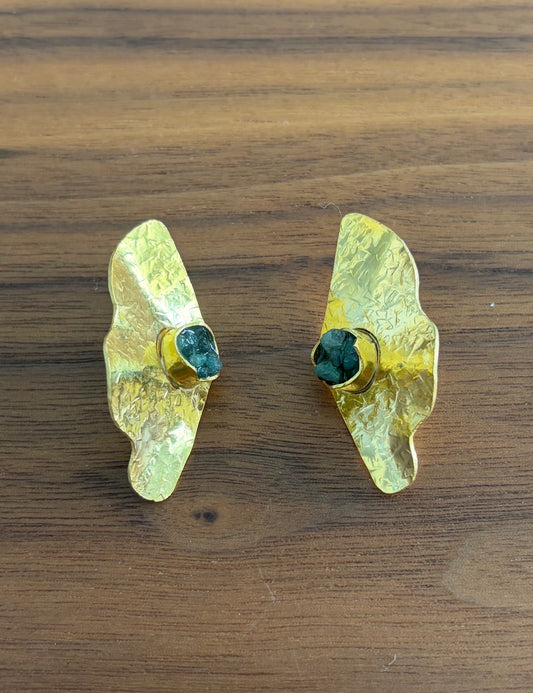 Fan Earring with Raw Emerald