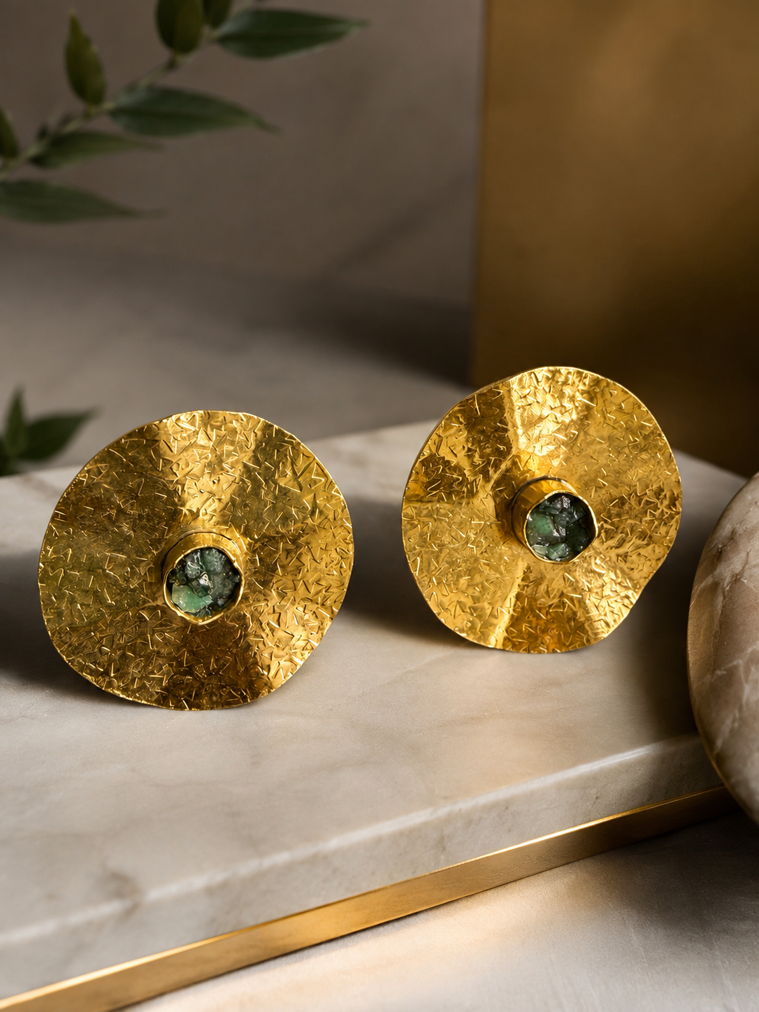 Large Raw Emerald Textured Gold Disc Earrings
