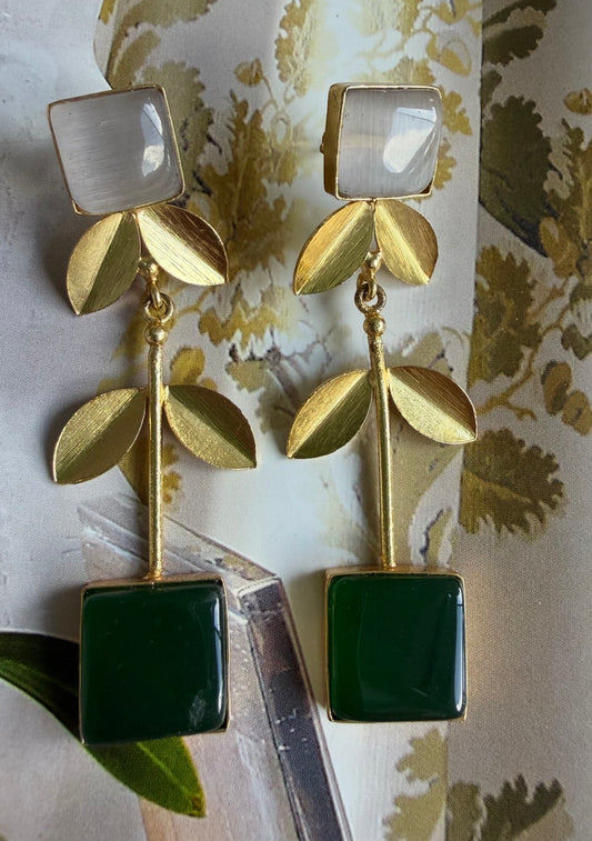 Botanical Matte Gold Flower Stem Drop Earrings with Cat’s Eye and Green Agate