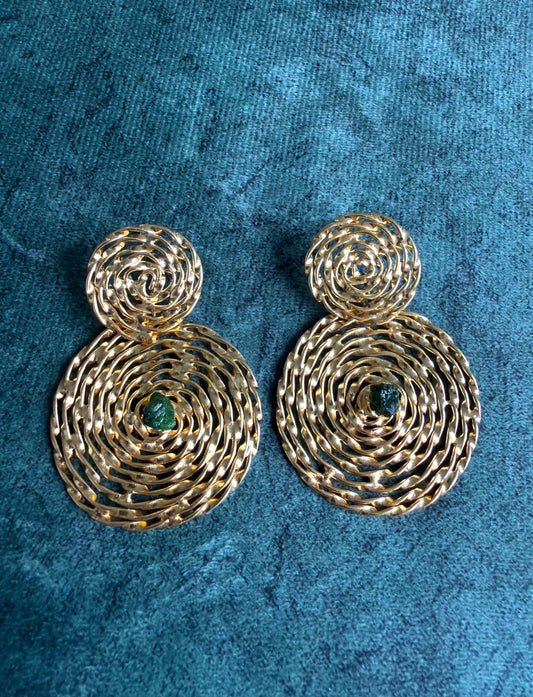 Gold Plated Swirled Stone Drop Earrings with Raw Emerald