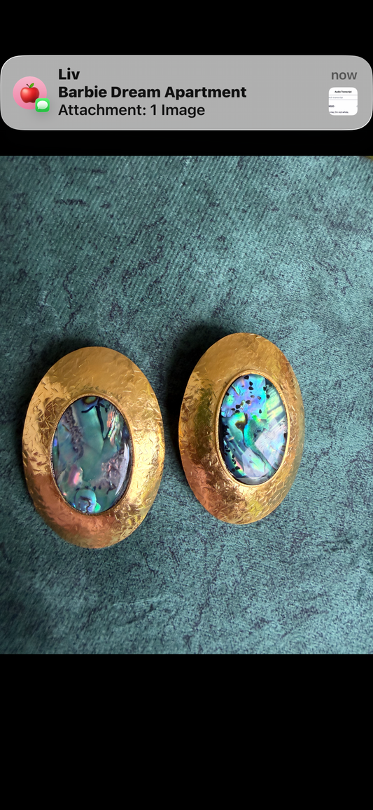 Hammered Gold Oval Statement Earrings with Abalone Center