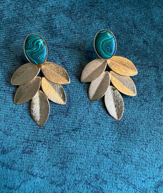 Gold Leaf Cluster Dangle Earrings with Oval Malachite