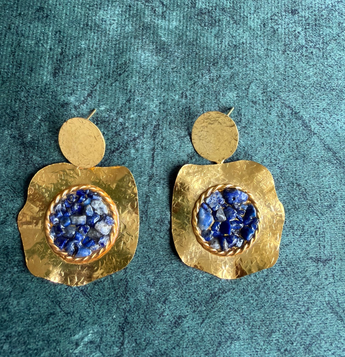 Hammered Gold Disc Drop Earrings with Lapis Lazuli