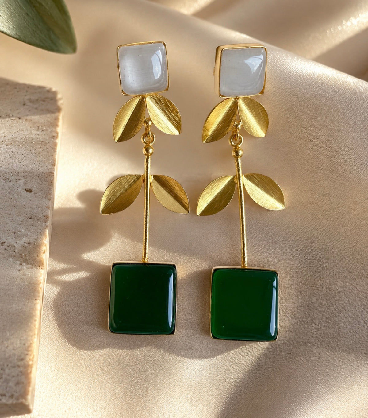 Botanical Matte Gold Flower Stem Drop Earrings with Cat’s Eye and Green Agate