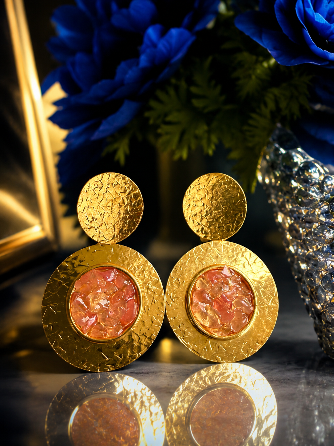 Hammered Gold Double Disc Statement Earrings with Peach Stone Inlay
