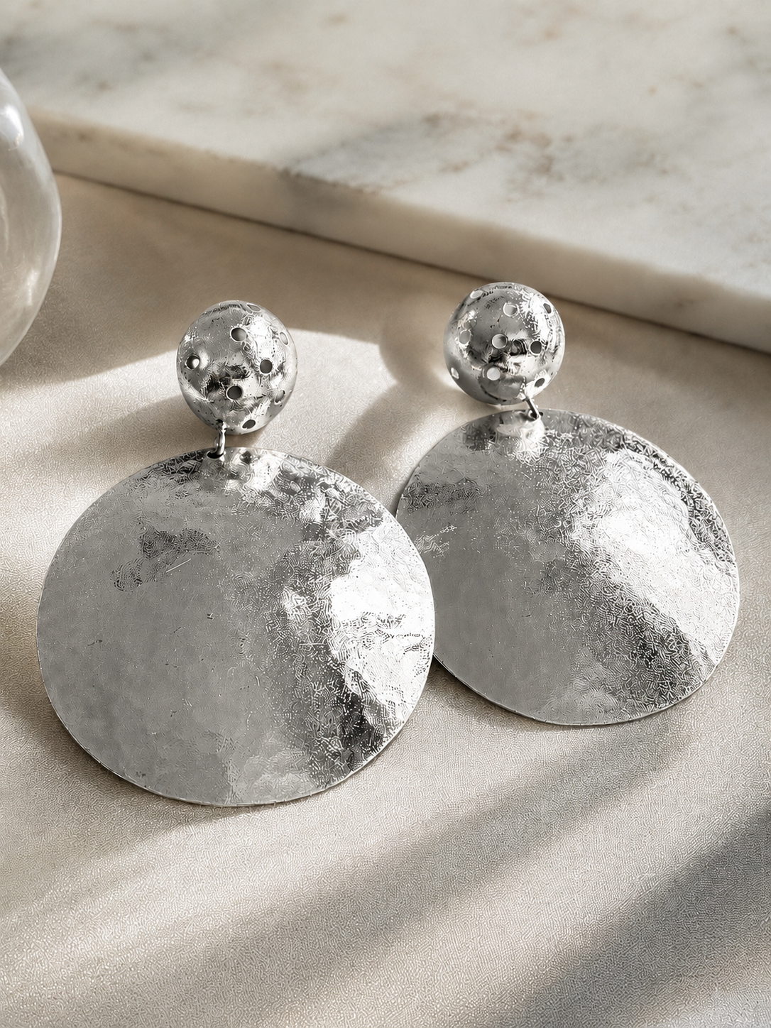 Oversized Hammered Silver Disc Statement Earrings