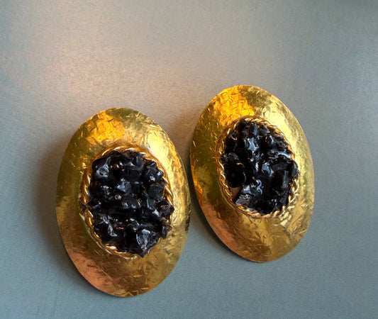 Hammered Gold Oval Statement Earrings with Crushed Black Agate
