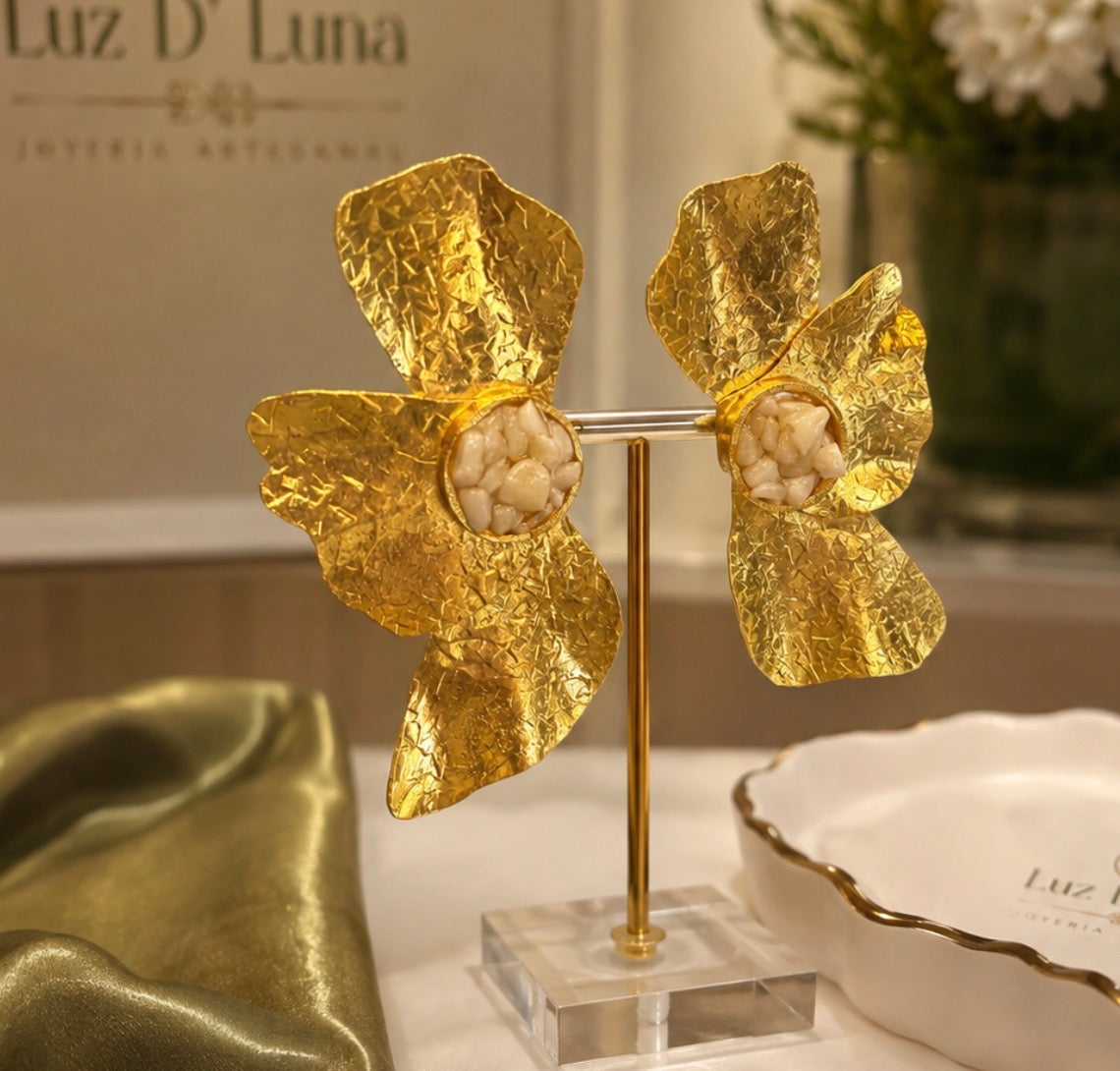 Hammered Gold Abstract Floral Statement Earrings with Crushed Stone