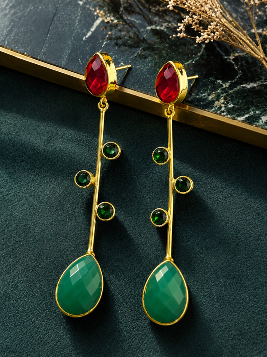Gold Long Vine Dangle Earrings with Red Ruby and Green Agate Teardrops