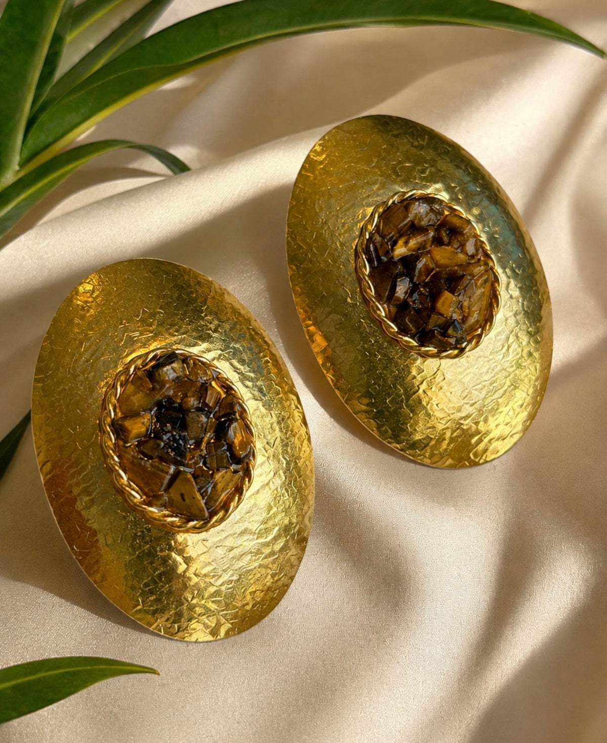 Hammered Gold Oval Statement Earrings with Crushed Tiger's Eye Style Inlay