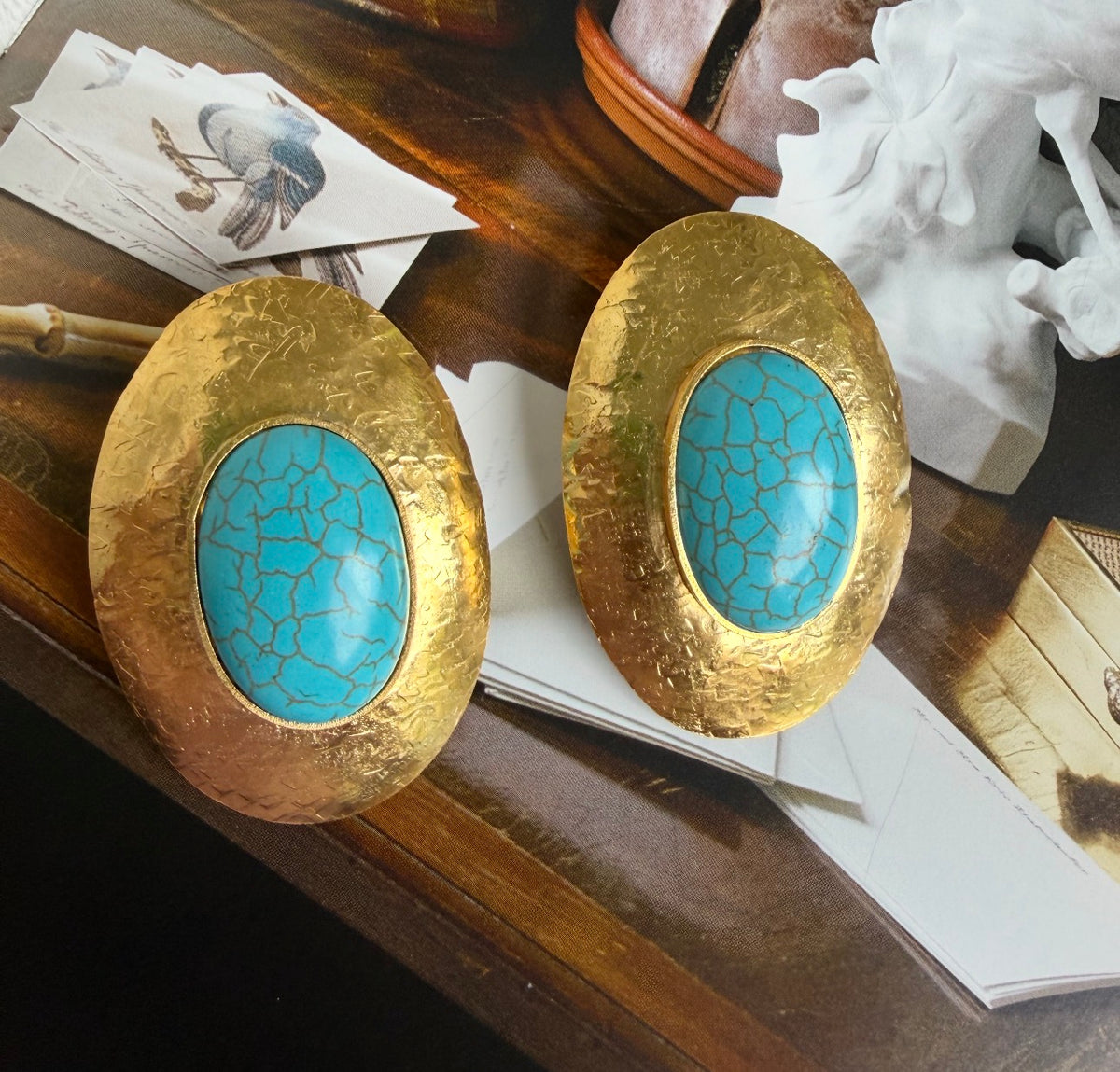 Hammered Gold Oval Statement Earrings with Turquoise Center