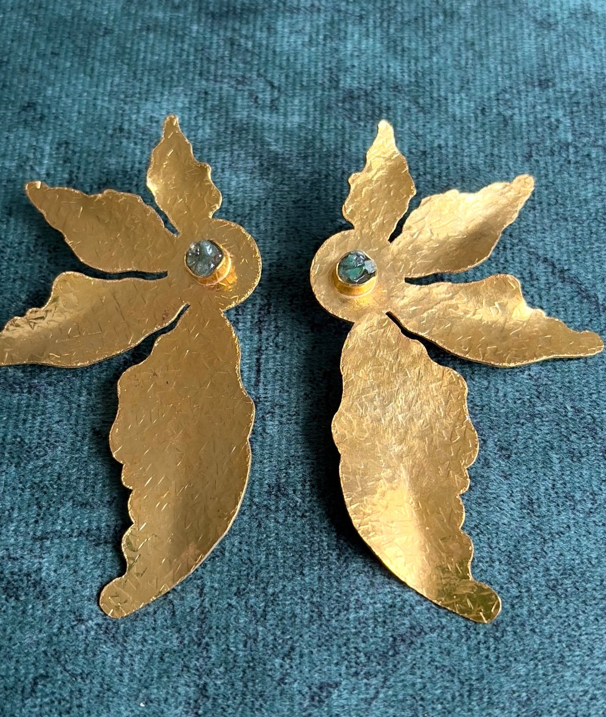 Hammered Gold Monstera Leaf Statement Earrings with Raw Emerald