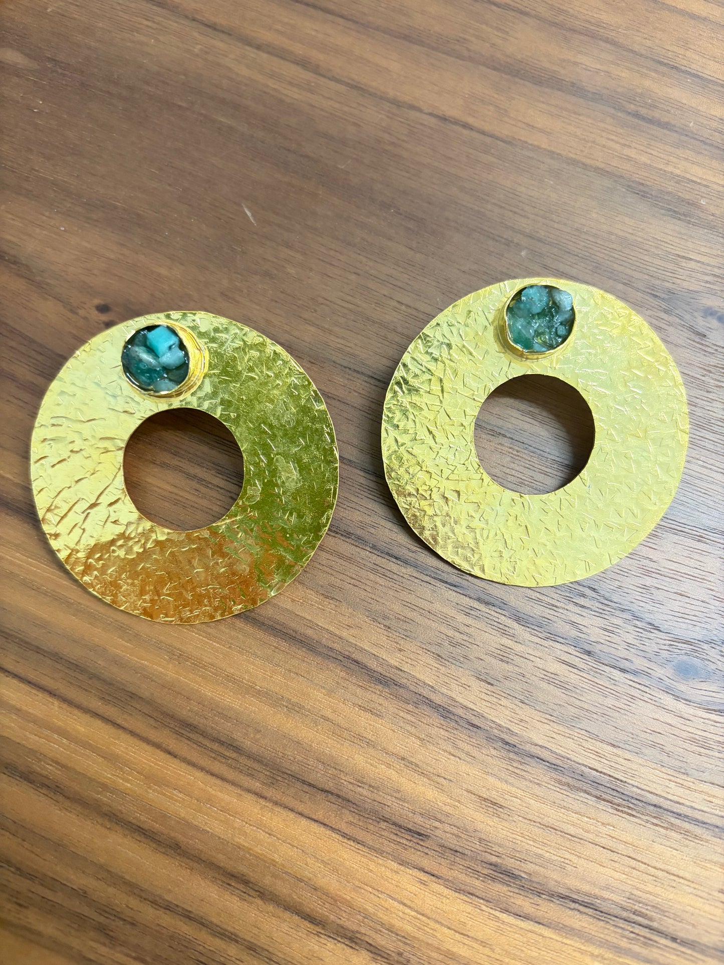 Circle Earrings with Raw Emerald